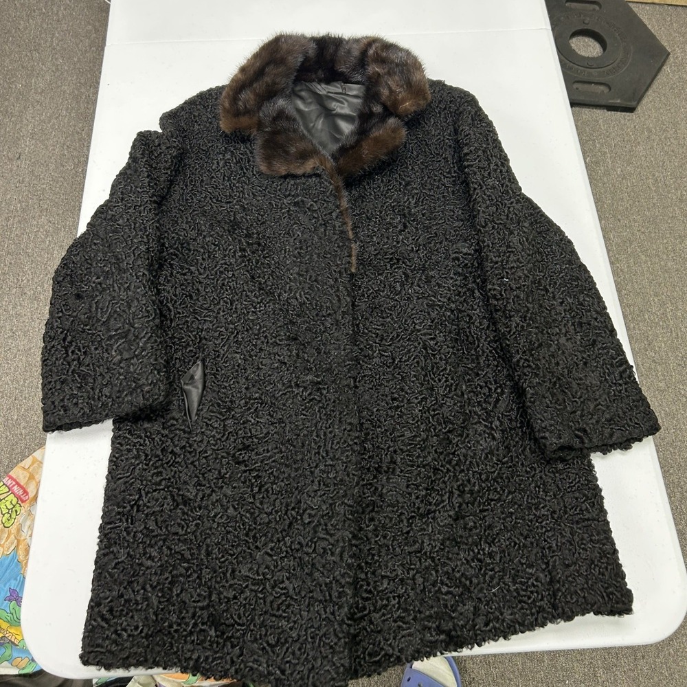 Vintage Persian Lamb Fur Coat Womens Large Black Mink Collar Astrakhan Curly